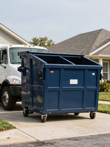 Eye-level medium shot of a heavy-duty delivery truck placing a clean navy roll-off dumpster on a residential driveway, bright daylight.