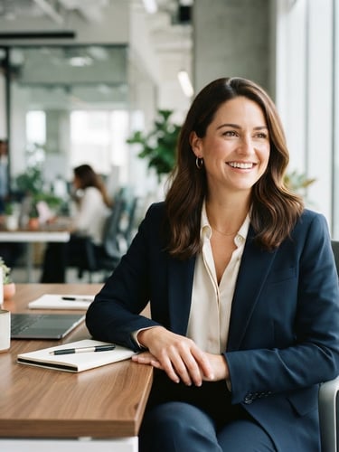 A professional woman in a modern, bright office, smiling confidently while looking slightly off-camera, natural daylight, soft shadows, 35mm lens, clean background.