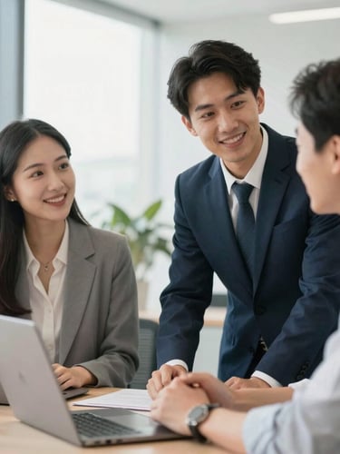 Candid professional interaction between a recruiter and a candidate in a bright, modern office setting, natural daylight, 35mm lens, focus on faces and genuine conversation.