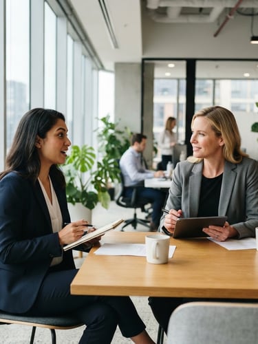 Wide shot of a professional recruiter and a candidate in a modern, bright office setting, engaged in a focused, candid conversation, natural daylight, 35mm lens, recruiter on the right, candidate on the left.