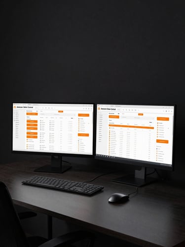 Wide environmental shot of a high-resolution Amazon Seller Central dashboard filling two monitors on a dark desk, campaign architecture visible in orange and white UI elements, hard overhead studio lighting casting sharp shadows, right-side composition with expansive dark negative space to the left