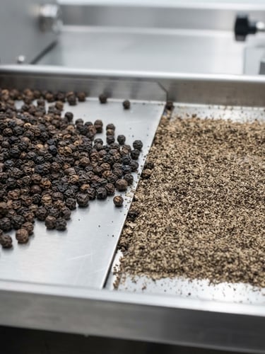 Macro shot of vibrant whole black peppercorns transitioning into perfectly uniform ground powder on a sterile stainless steel vibration tray, bright clinical lighting, sharp focus, 35mm
