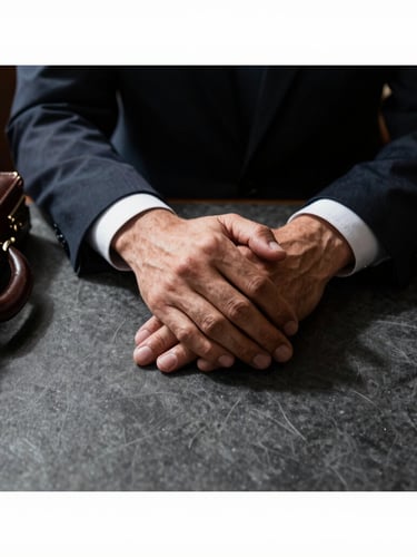 Sharp sartorial detail of a lawyer's hands resting firmly on a dark graphite desk next to a leather briefcase, deep shadows, high contrast, authoritative, 35mm.