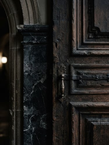 Extreme close-up of a dark marble pillar and heavy oak door, low-key lighting, deep shadows, high contrast, 35mm, imposing architectural detail.