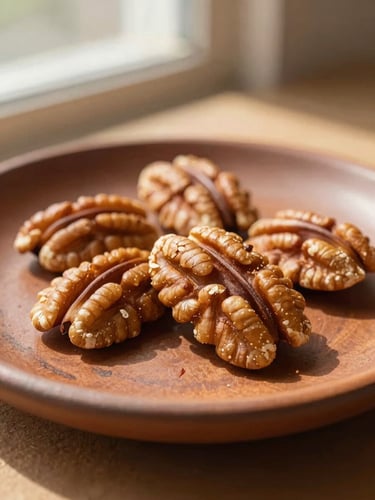 Macro shot of golden raw pecan halves on a rustic clay plate, warm morning window light casting soft shadows, rich earth tones, shallow depth of field, 35mm