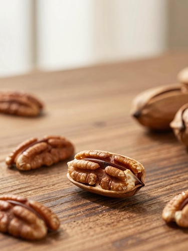 Warm editorial food photography, close-up of raw golden pecan halves on a rustic wooden table, soft morning window light, 35mm