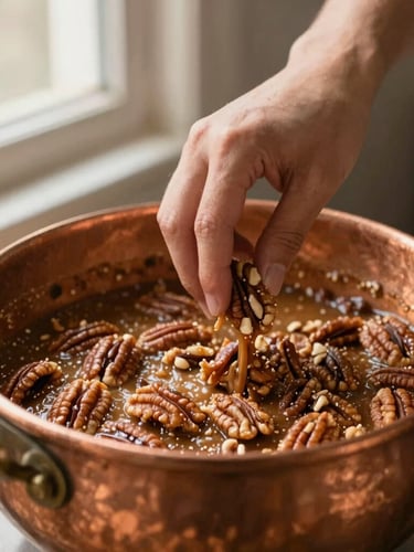 Warm editorial photography, hands gently stirring a thick pecan mixture in a traditional copper pot, soft natural light filtering through a window, rich earth tones, 35mm
