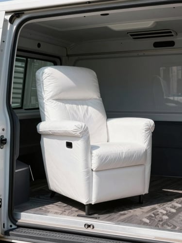 Medium shot of a pristine, wrapped modern lounge chair being carefully loaded into a clean, white moving truck under bright morning daylight, soft shadows, 35mm lens.