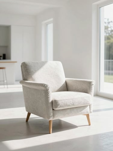 Bright editorial photography of a meticulously wrapped mid-century modern armchair in a spacious white villa, morning sunlight casting soft architectural shadows
