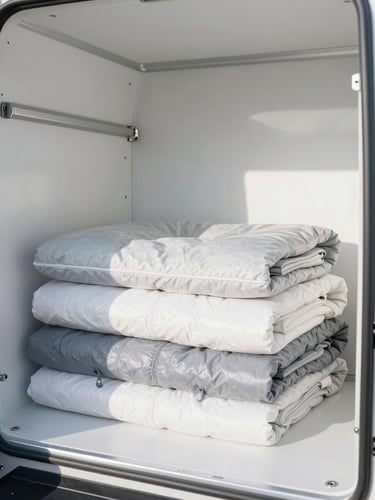 Bright editorial photography of a clean, climate-controlled Move With Daylight truck interior, neatly folded protective blankets, morning light