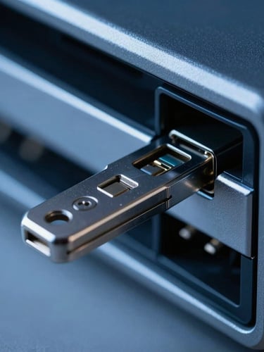 Macro close-up of a secure hardware security key inserted into a sleek metallic server slot, cool low-key blue ambient light, sharp focus, 35mm