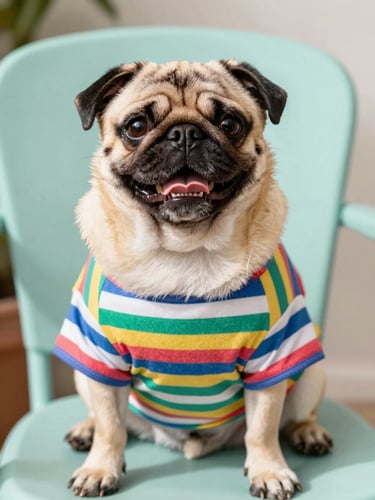 Bright eye-level portrait of a happy pug wearing a colorful handmade striped t-shirt, sitting proudly on a light teal chair, warm natural daylight, shallow depth of field