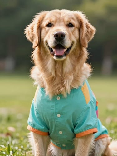 Eye-level bright shot of a happy golden retriever wearing a colorful handmade teal summer shirt, sitting outdoors in a sunny park, soft natural daylight, shallow depth of field