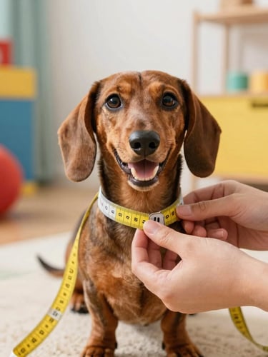Close-up of hands gently measuring a happy dachshund with a yellow measuring tape, bright warm indoor lighting, colorful pet-friendly home background, 35mm lens