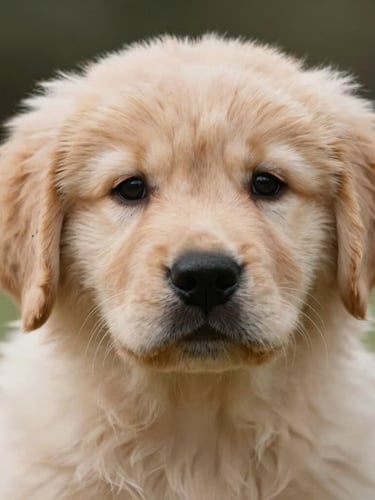 Close-up portrait of a fluffy Golden Retriever puppy looking at the camera with clear dark eyes, soft natural outdoor lighting, shallow depth of field