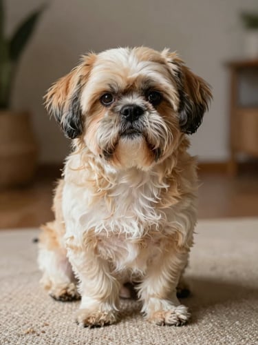 Primer plano de un cachorro Shih Tzu de pelaje sedoso y ojos brillantes, sentado sobre un tapete de lino claro en un ambiente iluminado por luz natural suave.