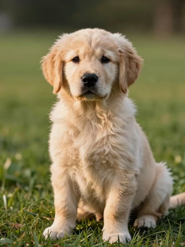 Medium eye-level shot of a healthy Golden Retriever puppy sitting on clean lush grass during golden hour, soft natural lighting, clear eyes, shallow depth of field.