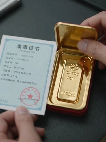 Close-up overhead view of an open tamper-evident gold bar packaging box on a dark surface, assay certificate and numbered gold bar visible side by side, cool diffused studio light, hands partially visible holding the packaging open for scale