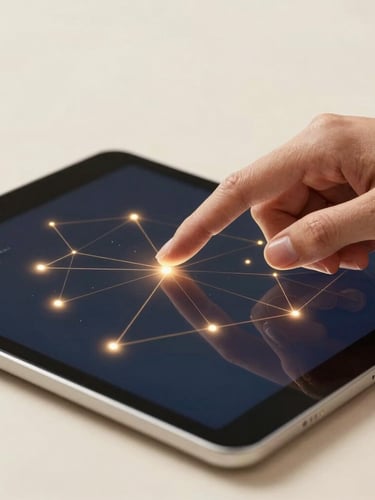Close-up of hands interacting with a clean tablet showing data visualization and glowing network lines, soft golden light, deep navy and ivory tones.