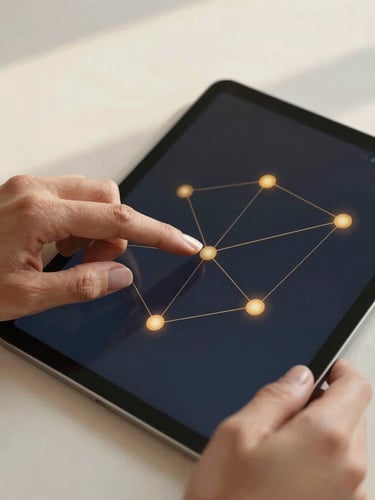 Close-up of hands interacting with an elegant tablet displaying network connections, soft natural daylight, warm ivory and deep navy tones, subtle golden light leaks, portrait aspect.
