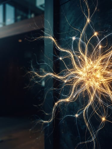 Abstract representation of data flows, glowing neural connections, deep navy and teal tones, warm golden accents, elegant editorial photography, soft natural daylight, 35mm lens, subject off-center right, expansive negative space on left.