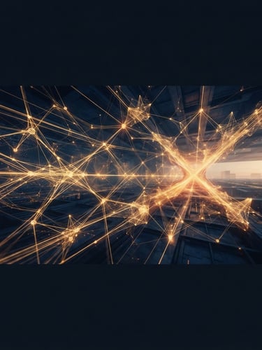 Abstract representation of data flows and glowing neural connections, warm light, deep navy and gold accents, elegant editorial photography, wide panoramic 21:9 frame, subtle glowing nodes, low horizon.
