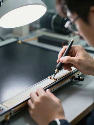 Macro shot of a technician under bright white workshop light carefully replacing backlight strips on a large television panel with precision tools.