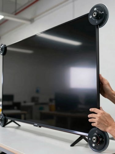 Hands carefully lifting a massive OLED television panel using industrial suction cups in a clean, high-contrast Dubai workshop