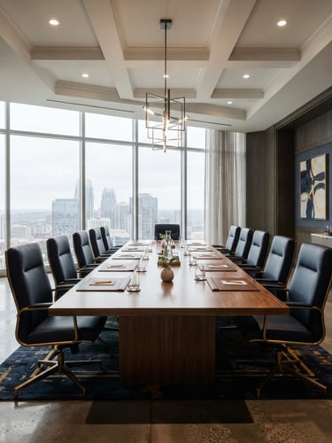 Wide shot of an elegant, empty corporate meeting room with a large polished wooden table, high ceilings, and large windows with soft diffused natural daylight, deep navy and warm gold accents, 35mm lens.