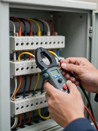 Extreme close-up of an engineer's hands using a clamp meter on a live terminal inside an open electrical cabinet, soft tungsten studio light revealing conductor colors and cable labels, clinical and precise framing