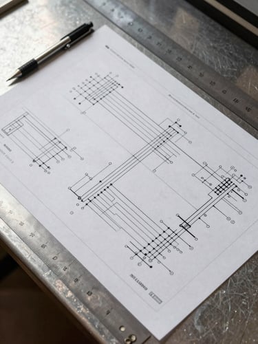 Clean overhead flatlay of printed electrical schematics spread on a steel drafting table, a mechanical pencil and scale ruler resting at the edge, soft directional window light casting minimal shadow across the wiring diagram lines