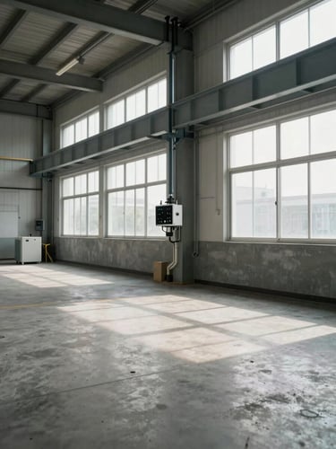 Wide environmental corner of an industrial shop floor at daylight showing scale — concrete floor, overhead cable trays, mounted sensor arrays and conduit runs visible, no people, soft diffused light from high windows, clean and precise