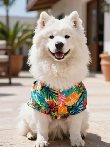 A happy fluffy Samoyed dog wearing a colorful handmade tropical shirt, sitting on a sunny patio in Mexico, bright natural daylight, eye-level portrait, shallow depth of field