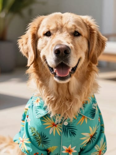 Eye-level portrait of a happy Golden Retriever wearing a vibrant teal tropical print shirt on a sunny patio, warm natural daylight, shallow depth of field