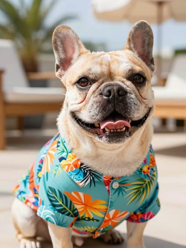 Eye-level portrait of a happy French Bulldog wearing a colorful tropical shirt, sunny patio background, shallow depth of field, 35mm