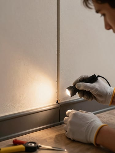 Close-up of a technician's gloved hands using a flashlight to inspect a dark baseboard gap in a residential kitchen, warm tungsten interior light, plaster wall showing faint moisture damage, tools resting on the floor nearby