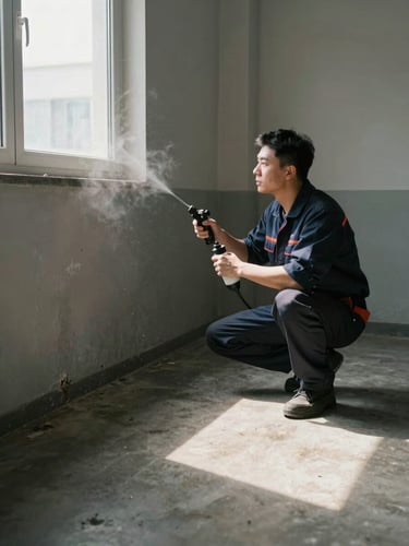 Wide shot of a technician crouching beside a wall void in a dim utility room, applying treatment product with a handheld sprayer, daylight entering from a small window to the left casting long shadows across concrete floor