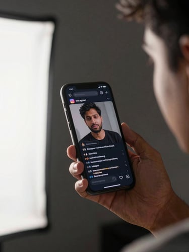 Close-up of a young Indian creator holding a phone with live Instagram comments streaming on screen, studio strobe light from the left casting sharp shadows, hand and screen filling the right-side frame, background dark and out of focus — authentic short-form energy