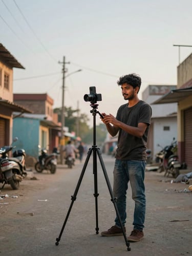 Wide shot of a young creator filming a reel in a small-town Indian street, golden hour light, phone mounted on a mini tripod, genuine behind-the-scenes energy, no posed smiling, real work in progress