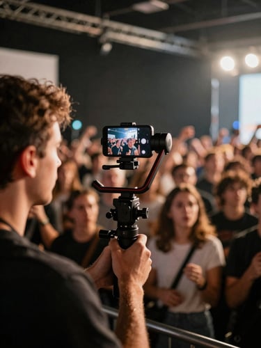 Wide behind-the-scenes frame of a creator filming a brand event moment, phone on a gimbal, crowd visible in the background, warm stage lighting from the right, motion blur on the crowd suggesting energy and scale