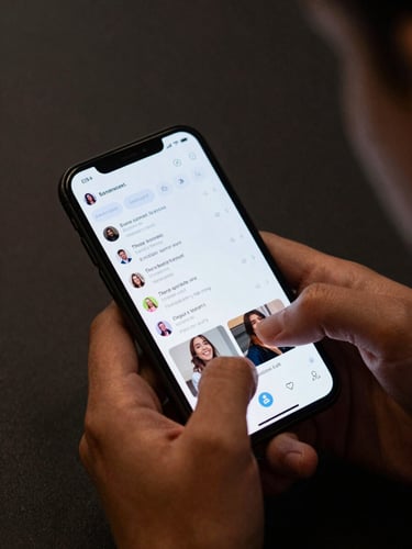 Close-up overhead shot of a creator's hands holding a smartphone showing a reel with live comments flooding the screen, phone screen glow illuminating fingers, dark background, real engagement visible mid-scroll