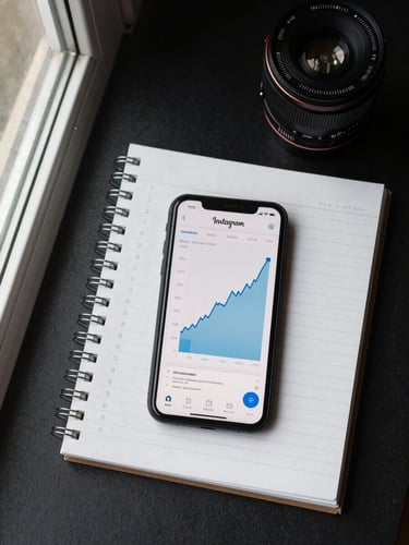 Overhead flat-lay of a content planning session — phone showing an Instagram analytics dashboard with a sharp engagement spike graph, notebook with shot list, natural window light from the left, clean dark surface