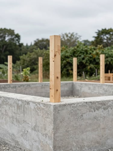 Documentary architectural photography of a raw concrete foundation with emerging timber posts, natural overcast daylight, sharp 35mm lens.