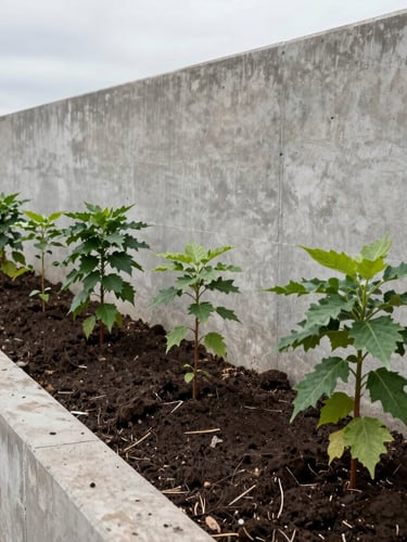 Documentary architectural photography of native saplings planted in rich dark soil next to a raw concrete retaining wall, overcast daylight, 35mm lens.