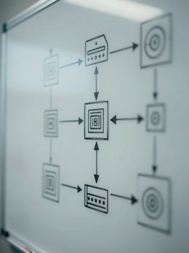 Macro shot of a high-contrast system schematic sketched on a physical whiteboard, sharp screen-glow highlights, cool technical tones.