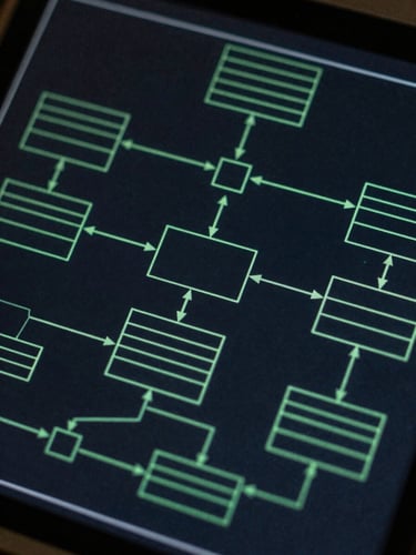 Macro overhead shot of clean system schematics on a dark screen, sharp green lines mapping database relationships, low-key technical lighting.