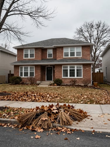 Wide shot of a residential property in late autumn, leaf piles raked to the curb, bare beds freshly cleared, overcast flat light, no crew visible