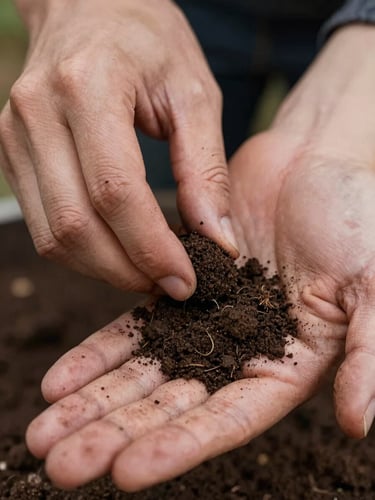 Hands pressing a soil core sample into open palm, dark loam visible, overcast light, close-up framing showing texture and moisture, no faces