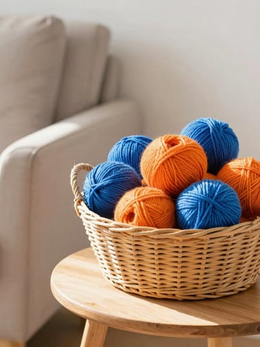 Cozy sunlit living room corner with a comfortable armchair, a basket of colorful blue and orange yarn balls on the side table, warm inviting atmosphere