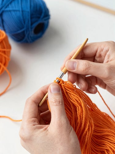 Overhead warm shot of hands slowly weaving soft orange yarn with a wooden crochet hook, bright natural morning light, cozy home atmosphere